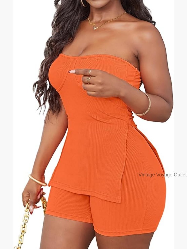 2 Piece Shorts Set With Strapless Top And High Waisted Shorts